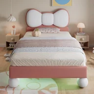 Łóżka dla dzieci i młodzieży - Łóżko dziecięce pikowane 90x200 cm z zagłówkiem w kształcie kokardki, wielokolorowym oświetleniem LED i solidnym stelażem, welur różowo-beżowy - miniaturka - grafika 1