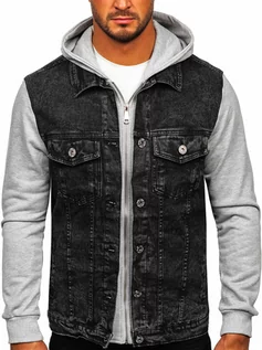 Kurtki męskie - Czarna kurtka jeansowa męska z kapturem Denley HY1017 - grafika 1