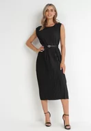 Sukienki - Czarna Plisowana Sukienka Midi z Paskiem z Imitacji Skóry Sharia - miniaturka - grafika 1