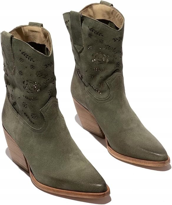 FLY LONDON BOTKI Z ZAMSZU W KOLORZE KHAKI Z AŻUROWYM WZOREM 39 16DA