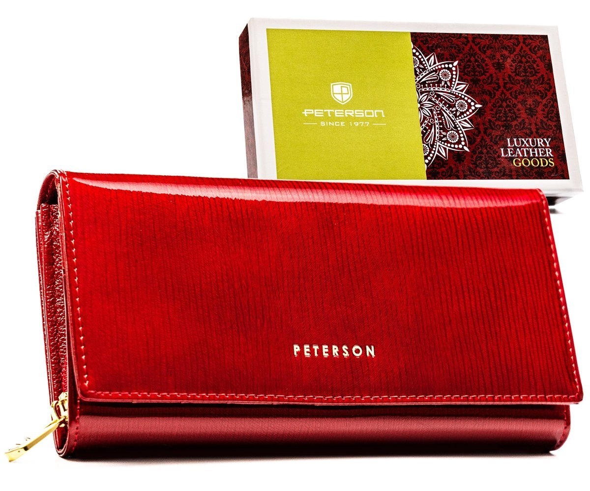 Duży portfel damski skórzany czerwony PETERSON rfid stop lakierowany elegancki pojemny na karty