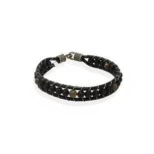 Bransoletka skórzana czarna z koralikami EM 21 - EM Men's Accessories - Bransolety męskie - miniaturka - grafika 1