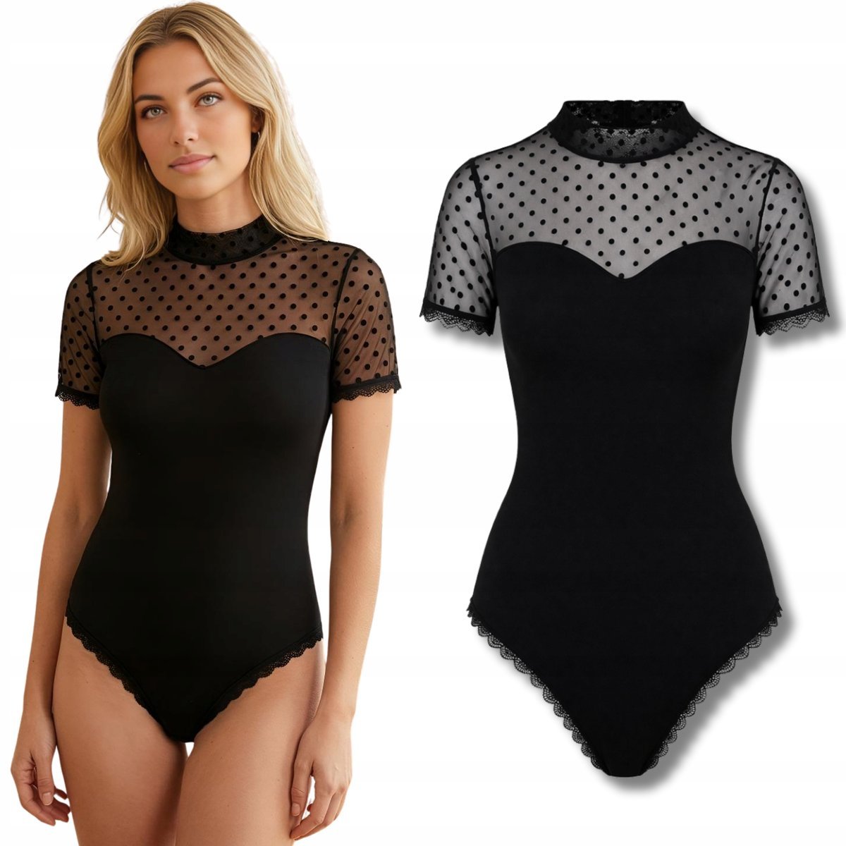 BODY DAMSKIE KOBIECE DOPASOWANE KRÓTKI RĘKAW KLASYCZNE WISKOZA CZARNE S