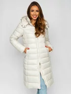 Kurtki damskie - Beżowa długa pikowana kurtka płaszcz damska zimowa z kapturem Denley MB0276 - miniaturka - grafika 1