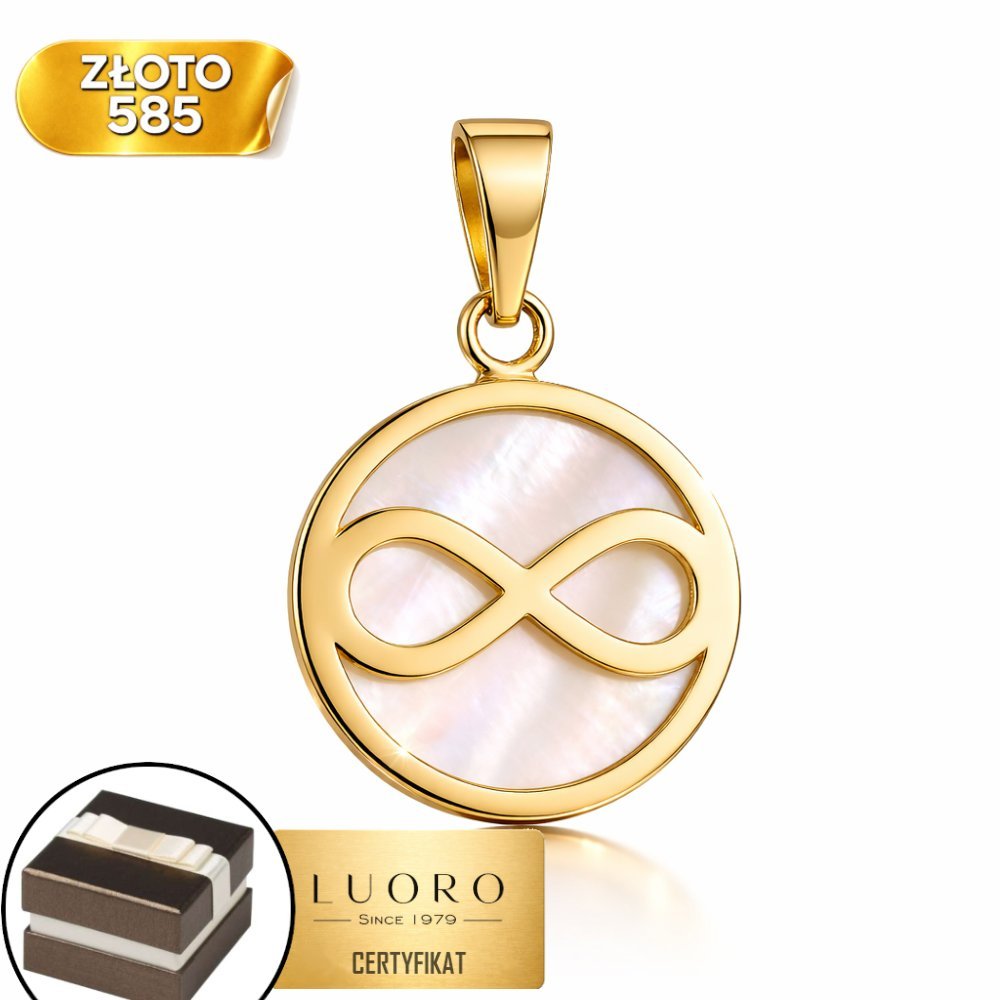 ZAWIESZKA ZŁOTA 585 14K KÓŁKO MASA PERŁOWA ZNAK NIESKOŃCZONOŚCI 18 MM
