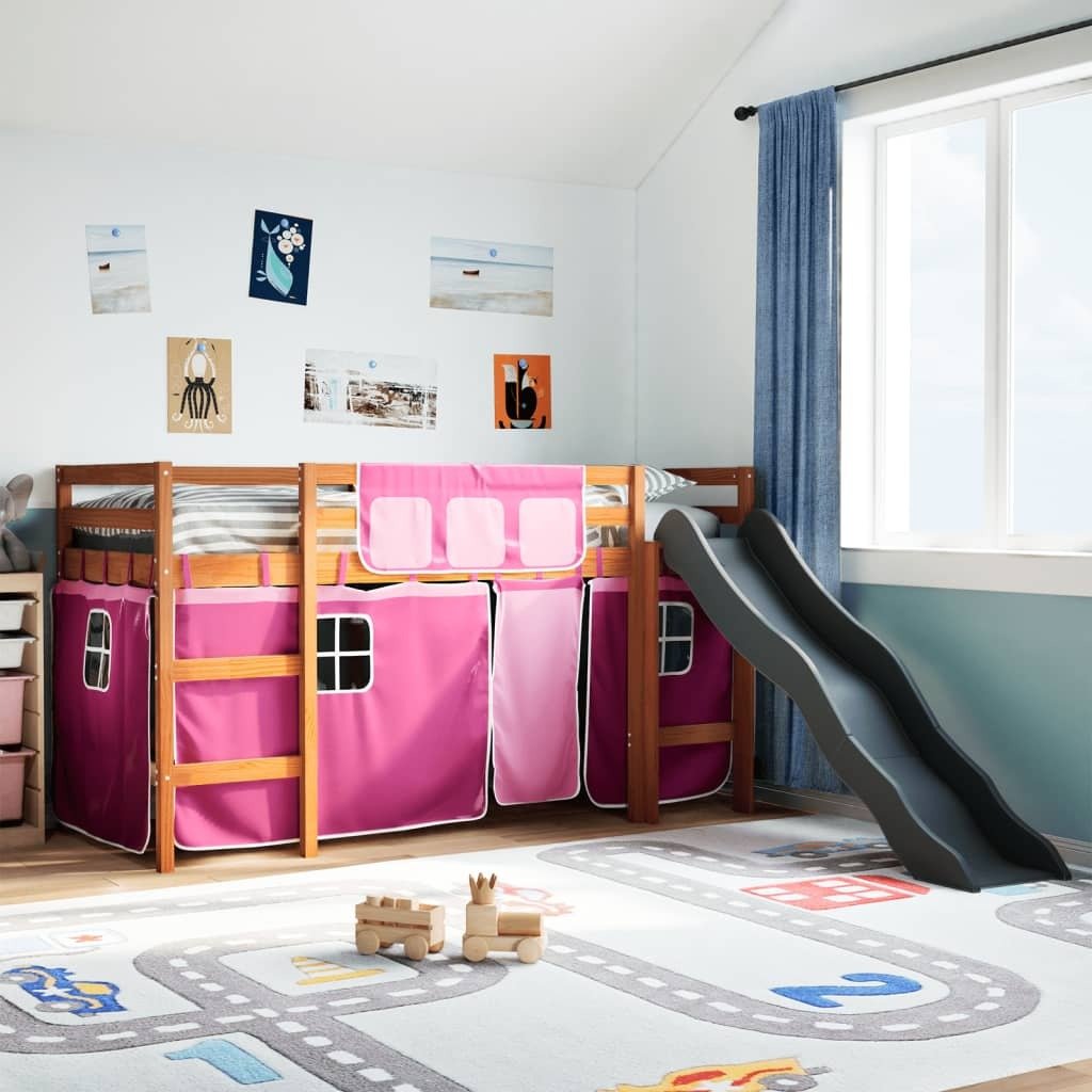 Dziecięce łóżko na poddaszu z zasłonami Różowe 90x200 cm lite drewno sosnowe