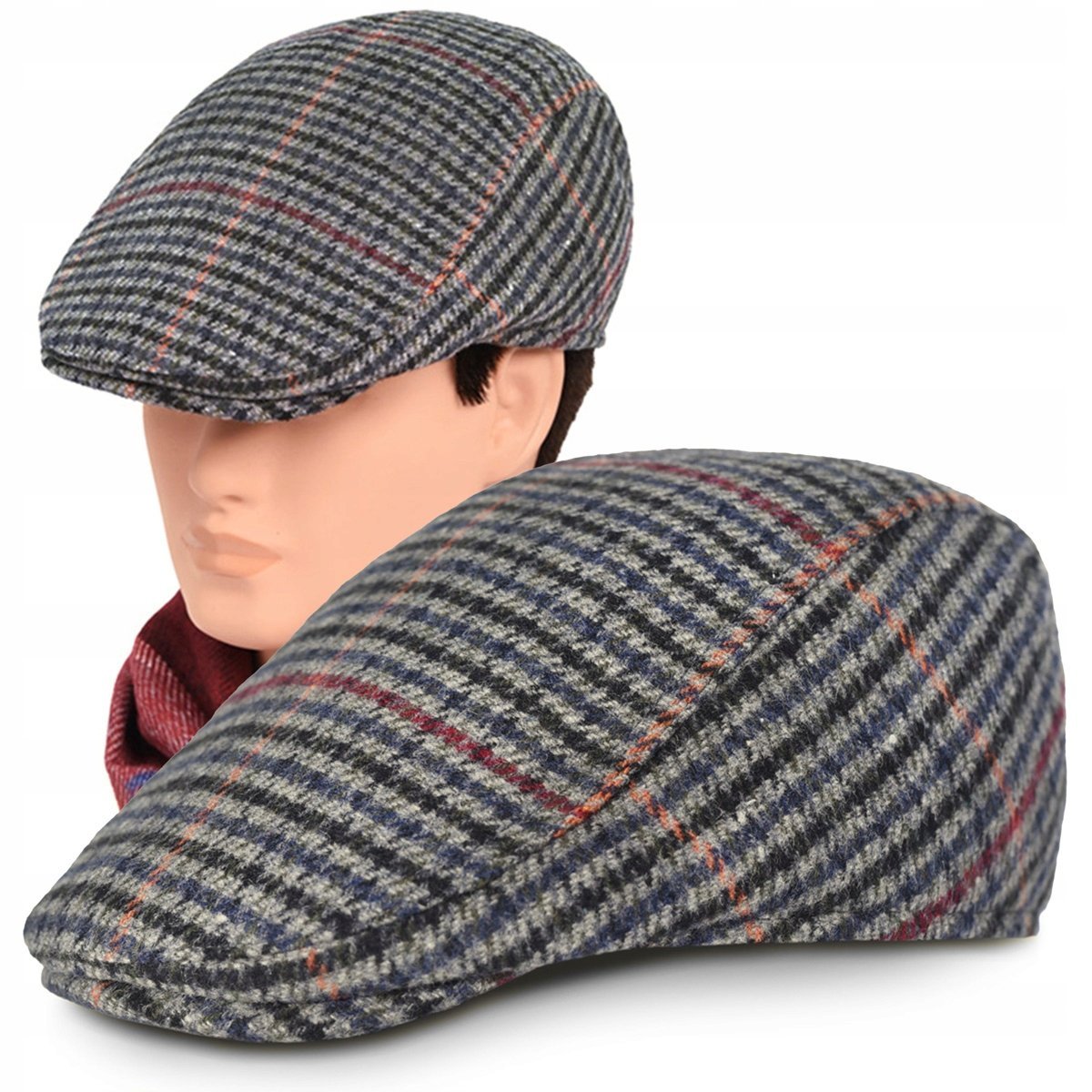 Kaszkiet Męski Zimowy Ocieplany Elegancka Czapka w Pepitkę z Wełną