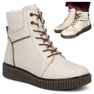 Botki damskie - Rieker Botki Damskie SKÓRZANE Zimowe Trzewiki Ocieplane Wygodne Beżowe 38 - miniaturka - grafika 1