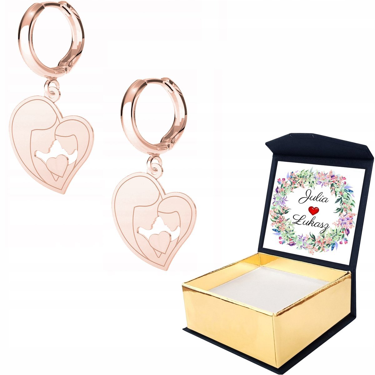 Kolczyki różowe złoto Serce Mama 925 WŁASNY NADRUK