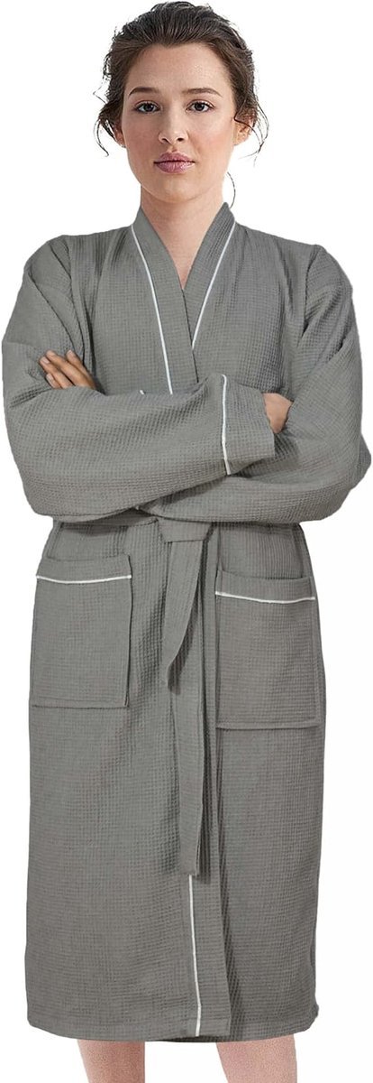 Szlafrok unisex z poliestru i bawełny, lekki, luksusowy, w stylu kimono, odpowiedni do noszenia w domu, jako bielizna nocna, do spa i hotelu (szary)