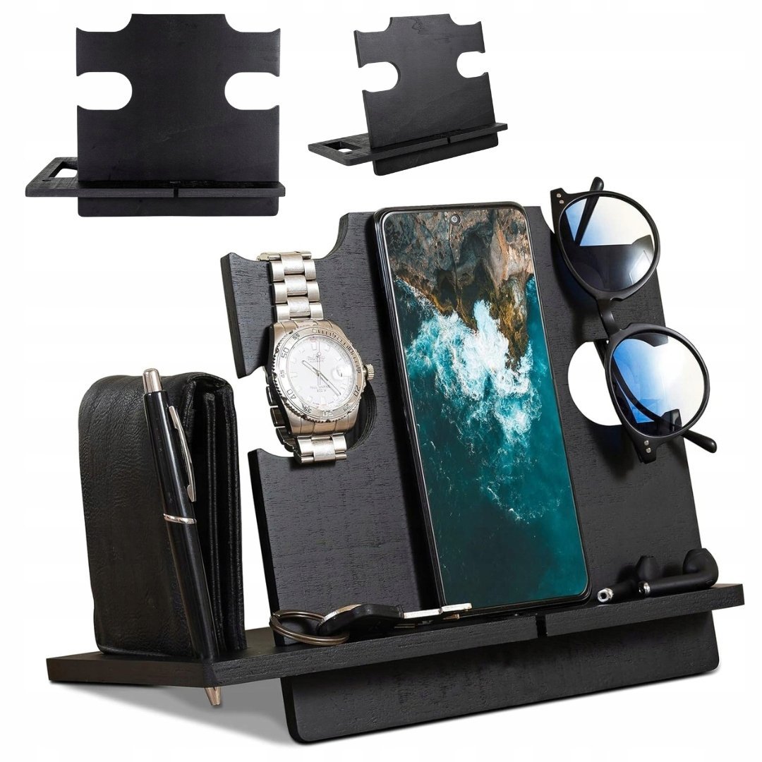 DREWNIANY ORGANIZER STOJAK NA AKCESORIA STACJA DOKUJĄCA NA TELEFON ZEGAREK