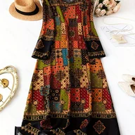 Sukienki - TEMU Elegancka Sukienka Maxi w Stylu Boho z Długim Rękawem i Okrągłym Dekoltem - Wielokolorowa Łatana - miniaturka - grafika 1