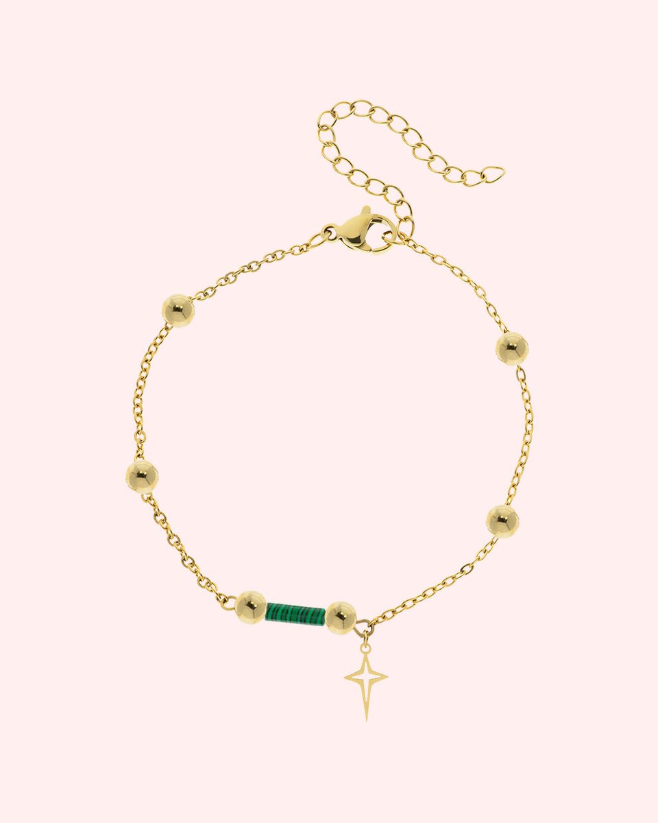 Bransoletka damska pozłacana GWIAZDA MALACHIT STAL