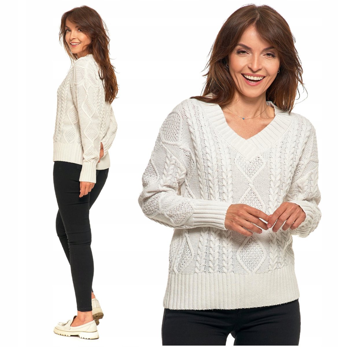 Sweter Damski Z Warkoczowym Splotem Modny Dekolt W Serek Moraj Xxl/3Xl