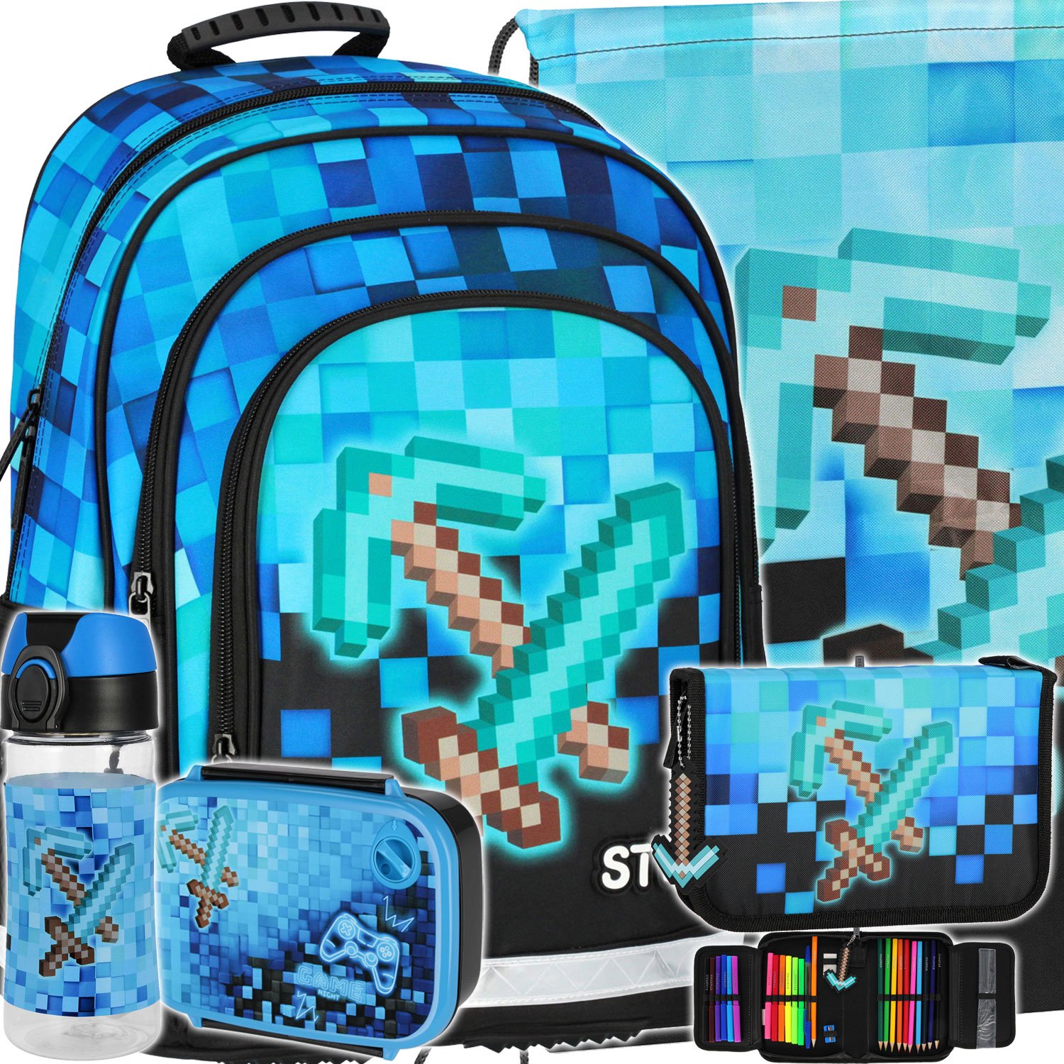 Plecak Szkolny Tornister Dla Chłopca Piksele Gra Pixel Blue