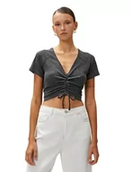 Koszulki i topy damskie - Koton Koszulka damska Crop V Neck Shirred Detail T-Shirt, czarny (999), S - miniaturka - grafika 1