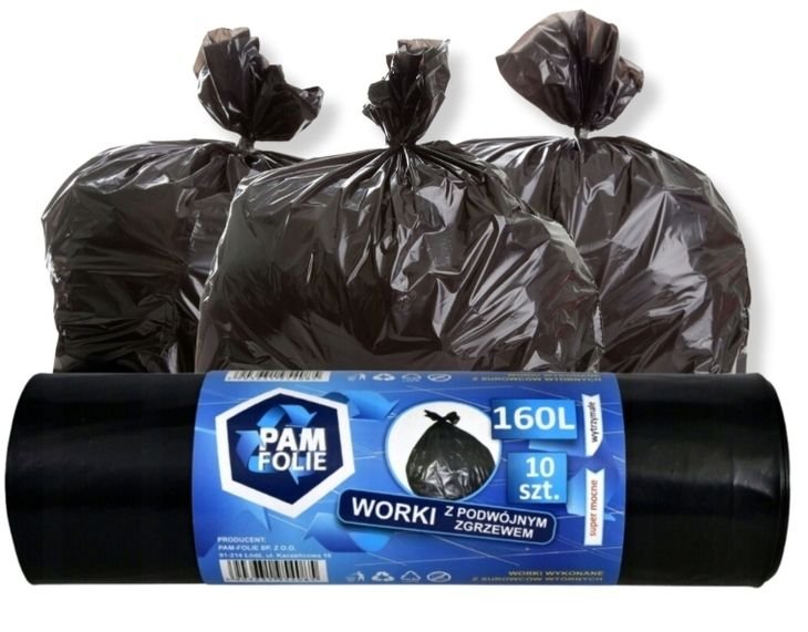 WORKI NA ŚMIECI Budowlane 160L 10szt GRUBE czarne MOCNE PREMIUM Pam-folie