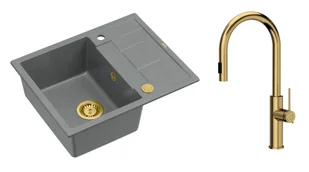 Quadron Unique Zlewozmywak granitowy jednokomorowy 62*50*22 cm z ociekaczem MORGAN 116 SILVER STONE z syfonem Push-2-Open w kolorze złotym z baterią JENNIFER Q LINE SLIM z wyciąganą wylewką i funkcją prysznica kolor złoty - Zlewozmywaki z baterią - miniaturka - grafika 1