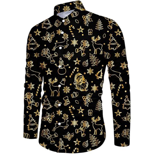 Męska Koszula Świąteczna Elegancka Wzorzysta Slim Fit Czarno Złota XXL