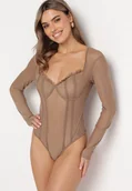 Body - Beżowe Gorsetowe Body Siateczkowe z Ozdobną Falbanką Przy Dekolcie Laneta - miniaturka - grafika 1