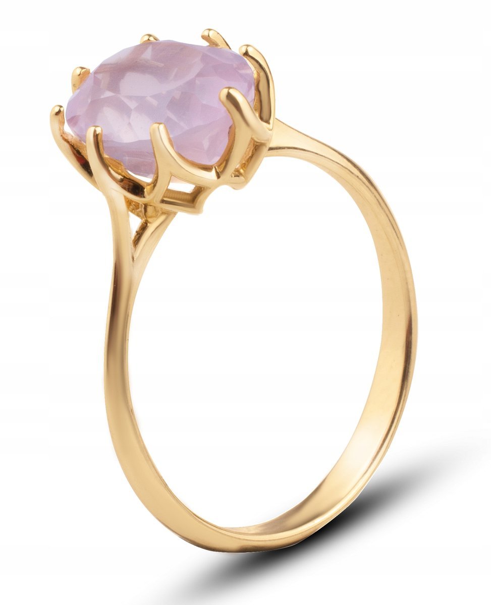 PIĘKNY ZŁOTY PIERŚCIONEK Z NATURALNYM KWARCEM RÓŻOWYM W KORONIE 14KT 585