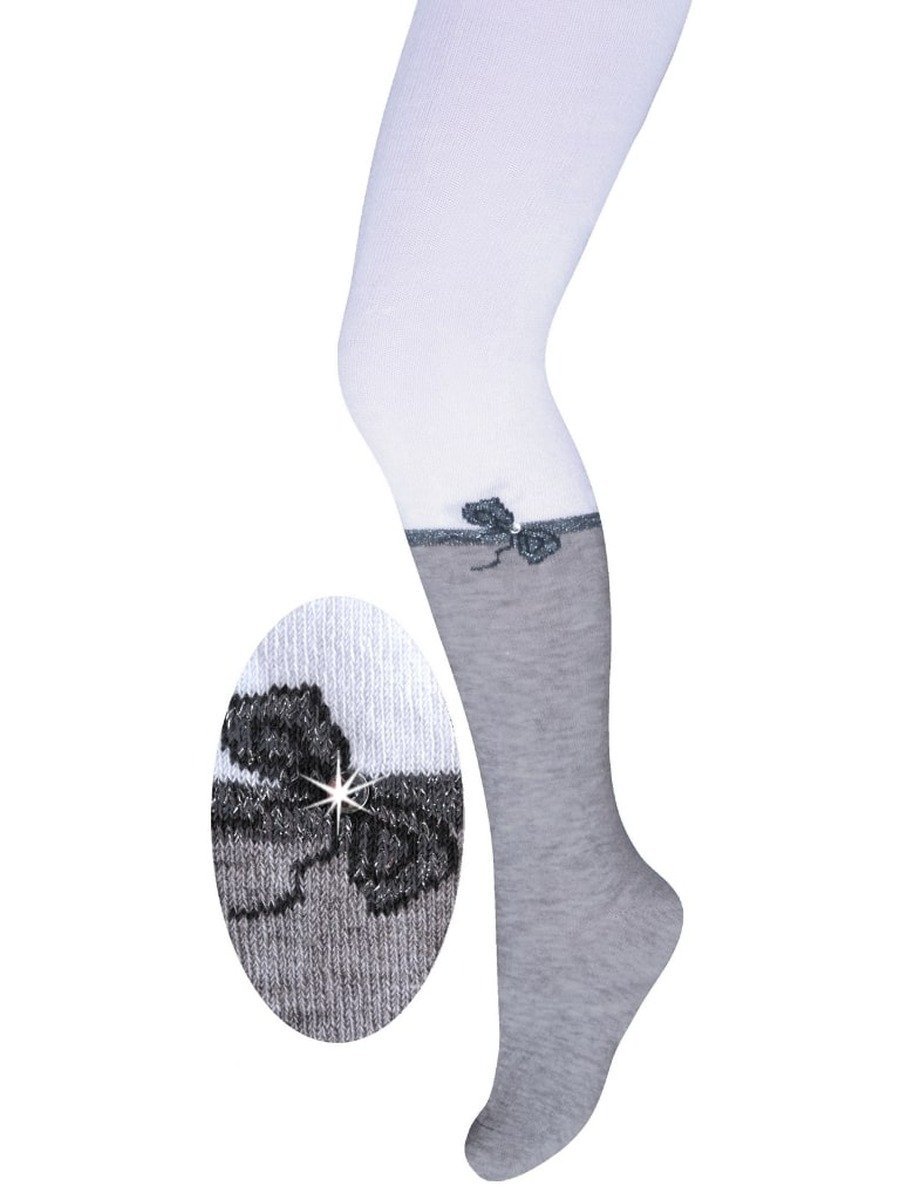 Dziewczęce rajstopy bawełniane kokardka biało szare Milusie r.104/110