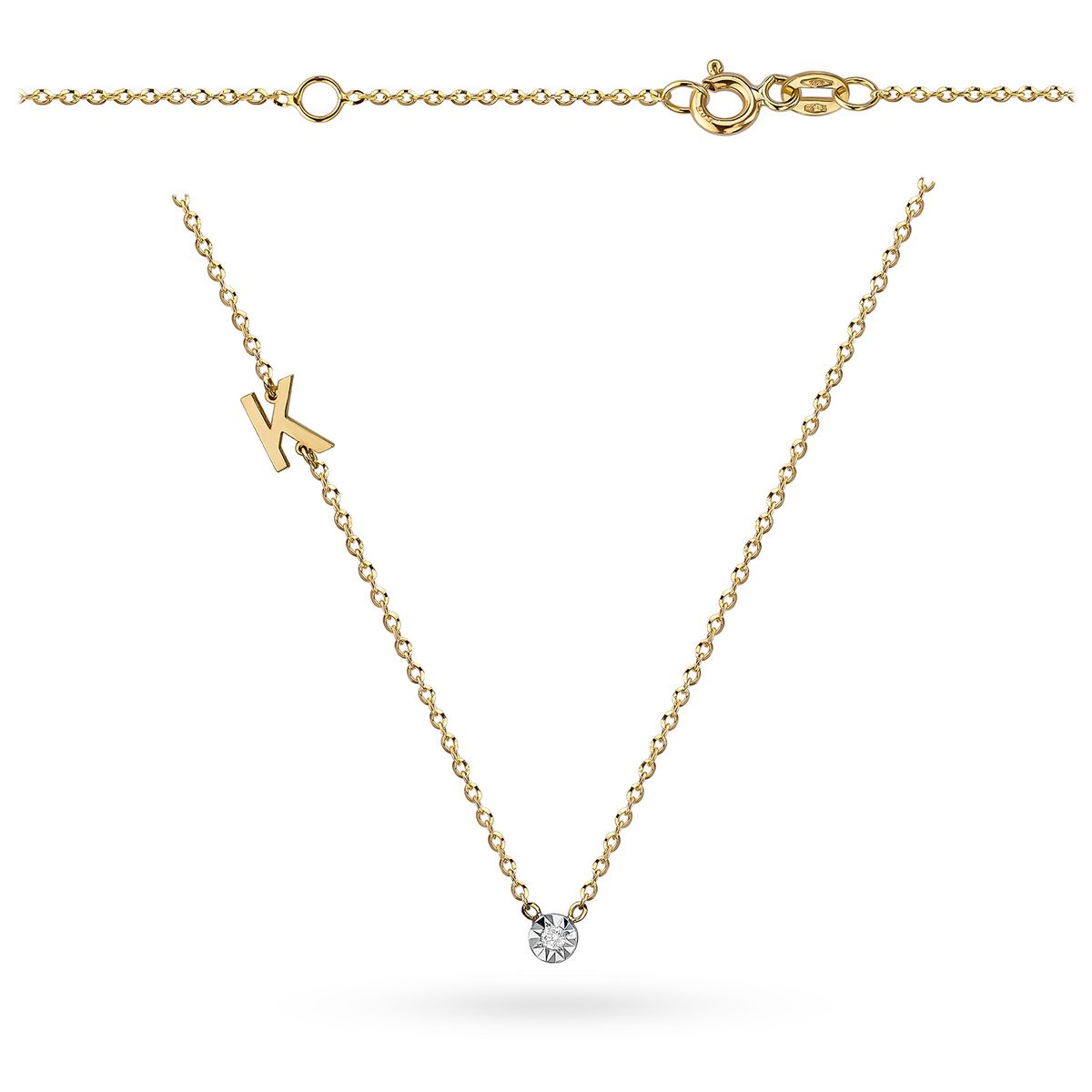 Naszyjnik z literką K i brylantem 0.02ct złoto pr. 585