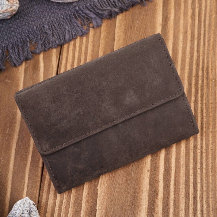 Paolo Peruzzi Portfel damski skórzany we wzory geometryczne mały vintage brązowy RFID T-112-HBR