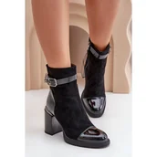 Botki damskie - S.Barski Botki Damskie Ocieplane Na Obcasie Słupku Z Ozdobną Klamrą D&A MR880-085 Czarne - miniaturka - grafika 1