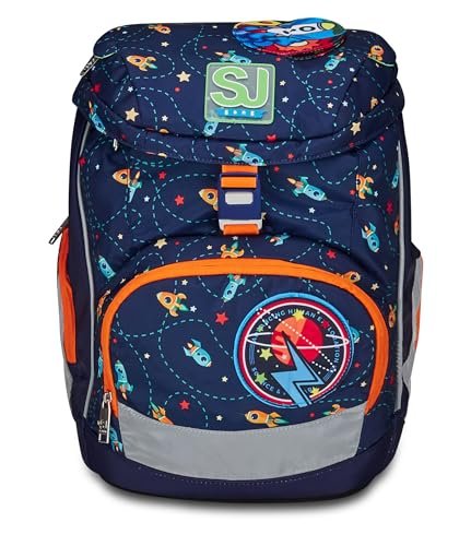 SJ Gang Plecak szkolny Updown Soft, niebieski, Spaceship Trip, jednokomorowy z regulowanym paskiem w talii, boczna kieszeń na zamek błyskawiczny, siatkowa kieszeń na butelkę, plecak do szkoły
