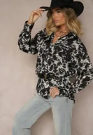 Koszule damskie - Czarno-Biała Koszula o Dłuższym Kroju Ozdobiona i Abstrakcyjnym Wzorem Koriassa - miniaturka - grafika 1