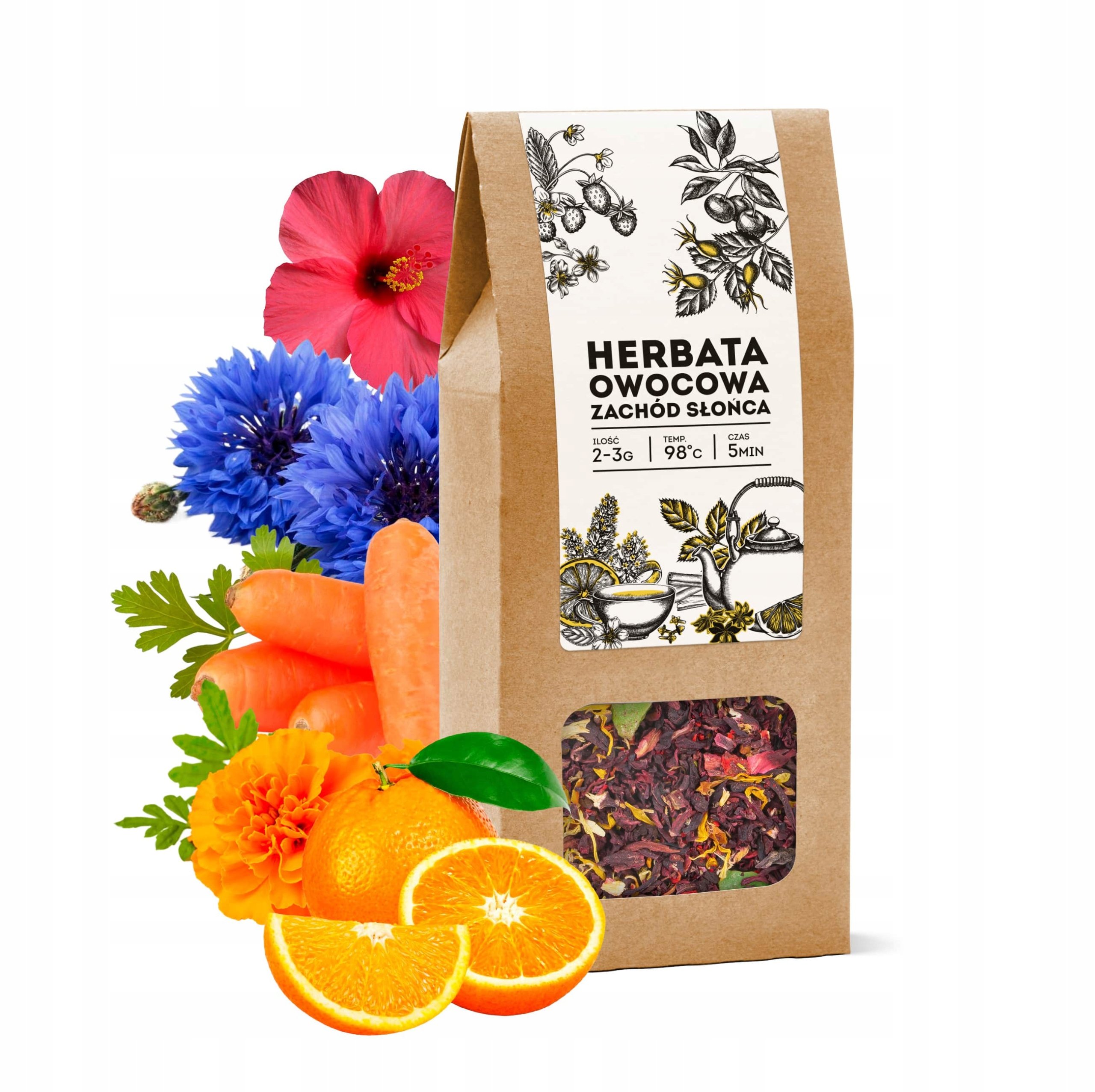 Herbata owocowa ZACHÓD SŁOŃCA hibiskus nagietek bławatek na prezent tea 50g