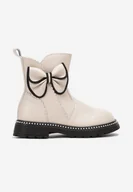 Botki damskie - Beżowe Botki z Nitami i Ozdobną Kokardką Heloria - miniaturka - grafika 1