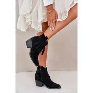 S. BARSKI Botki Z Frędzlami Model S.Barski Black czarne - Botki damskie - miniaturka - grafika 1