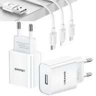 Ładowarki do telefonów - Usams Ład. siec. 1xUSB T18 2,1A 3w1 (lightning+microUSB+USB-C) biały/white Fast Charging LTXLT18OGXD301 - miniaturka - grafika 1