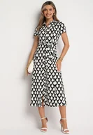 Sukienki - Czarno-Biała Koszulowa Sukienka z Kołnierzem i Materiałowym Paskiem w Talii Vranea - miniaturka - grafika 1