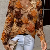 Swetry damskie - TEMU Kobiecy Elegancki Sweter Boho - Długi Rękaw z Dekoltem w Serek, Nadruk Liści Klonu w Brązowym/Pomarańczowym/Czerwonym/Beżowym/Czarnym/Beżowym, - miniaturka - grafika 1