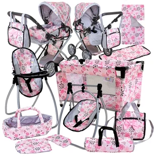 Wózek dla Lalek 3w1 Łóżeczko Krzesełko do Karmienia Pościel Torba Przewijak Nosidło Zestaw XXL - Akcesoria dla lalek - miniaturka - grafika 1