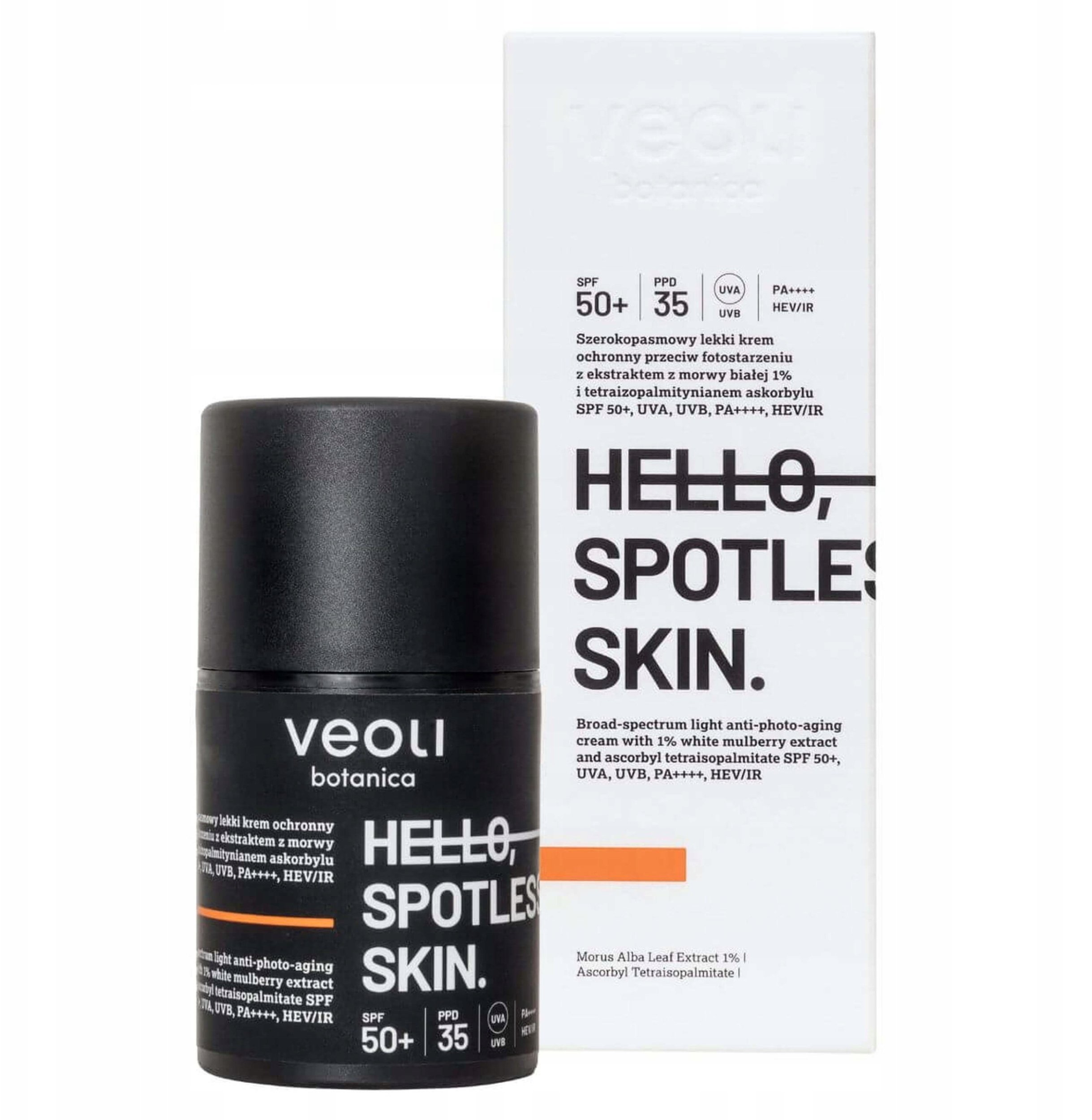 VEOLI BOTANICA_Hello Spotless Skin szerokopasmowy lekki krem ochronny przeciw fotostarzeniu z ekstraktem z Morwy Białej 1% i Tetraizopalmitynianem Askorbylu SPF50+ 50ml