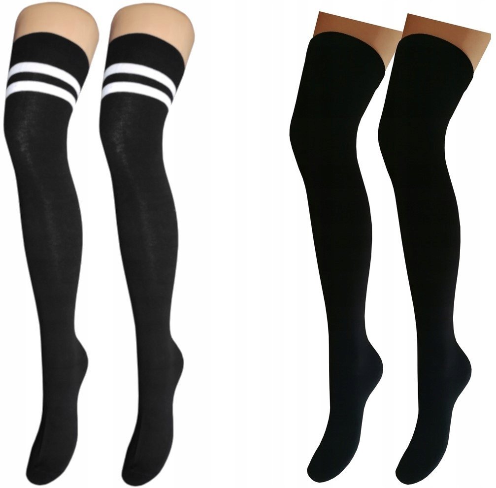 ZAKOLANÓWKI 2-PARY ZESTAW BAWEŁNIANE CZARNE Z PASKAMI KRYJĄCE DAMSKIE 35-38