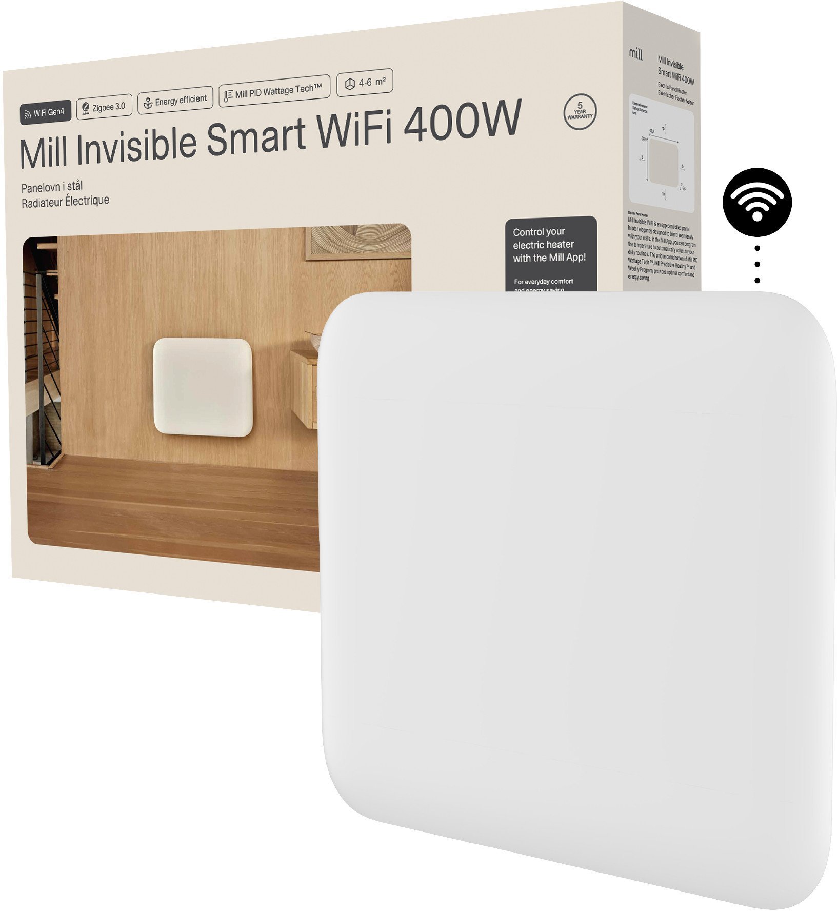 Mill Invisible Smart WiFi Heater PA400WIFI4 Panel Heater 400 W Suitable for rooms iki 4-6 m² Baltas IPX4