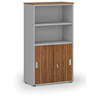 Szafa biurowa kombinowana PRIMO GRAY, drzwi przesuwne na 2 poziomach, 1434 x 800 x 420 mm, szary/orzech - Szafy biurowe - miniaturka - grafika 1