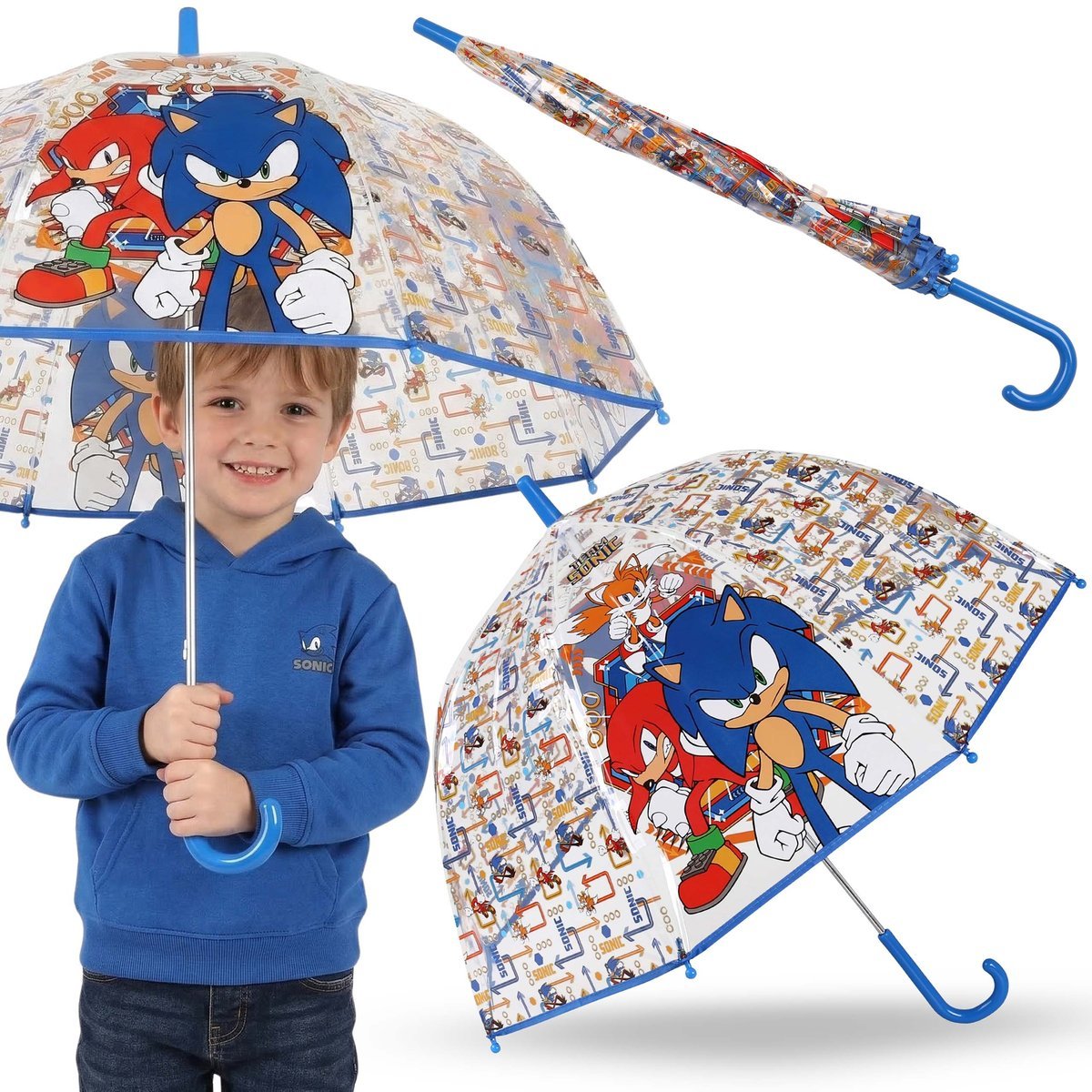 SONIC Niebieska parasolka dziecięca DLA CHŁOPCA, SKŁADANY transparentny parasol AUTOMATYCZNY