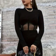 Sukienki - TEMU Sukienka z siatkowym łączeniem, elegancka obcisła sukienka z długim rękawem na wiosnę i jesień, odzież damska - miniaturka - grafika 1