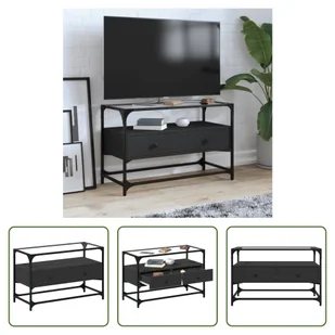 Living Store szafka pod telewizor ze szklanym blatem czarna 80x35x51 cm materiał drewnopochodny - Szafki RTV - miniaturka - grafika 1