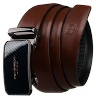 Paski - Klasyczny pasek męski do spodni brązowy ze skóry naturalnej PETERSON automatyczna czarna klamra 95 samodzielne skracanie gładki casualowy - miniaturka - grafika 1