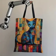 Torby i wózki na zakupy - Torba shopperka tote kolorowy niebieski kot retro vintage 90s y2k 40x35 cm - miniaturka - grafika 1