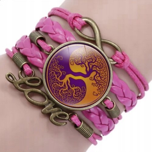 Bransoletka różowa Yin Yang Drzewo Życia pleciona regulowana Love