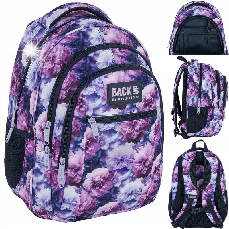 Plecak szkolny BackUP Violet Bloom dla dziewczynki kwiaty róż fiolet O02