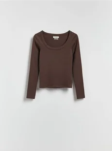 Reserved - Bawełniany longsleeve - ciemnobrązowy - Bluzki damskie - miniaturka - grafika 1